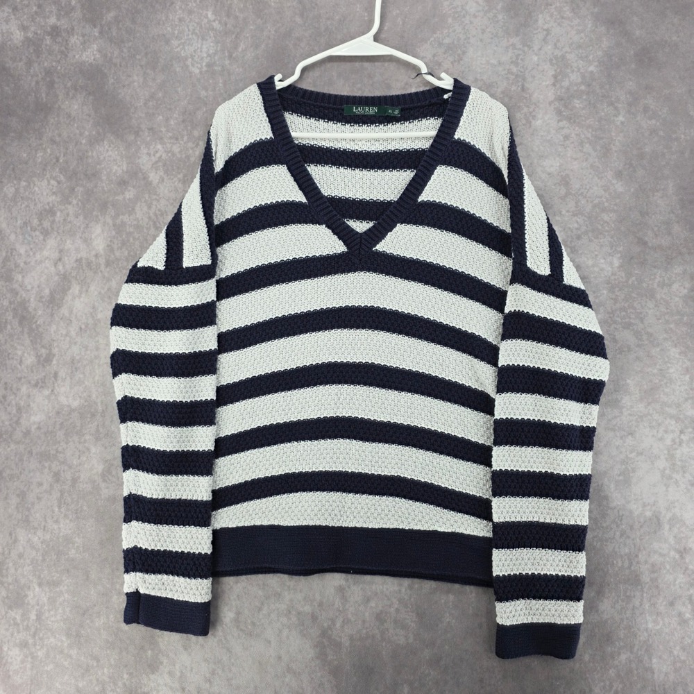 Lauren Ralph Lauren XL Navy White Striped V-Neck Cotton Knit Sweater RL Logo